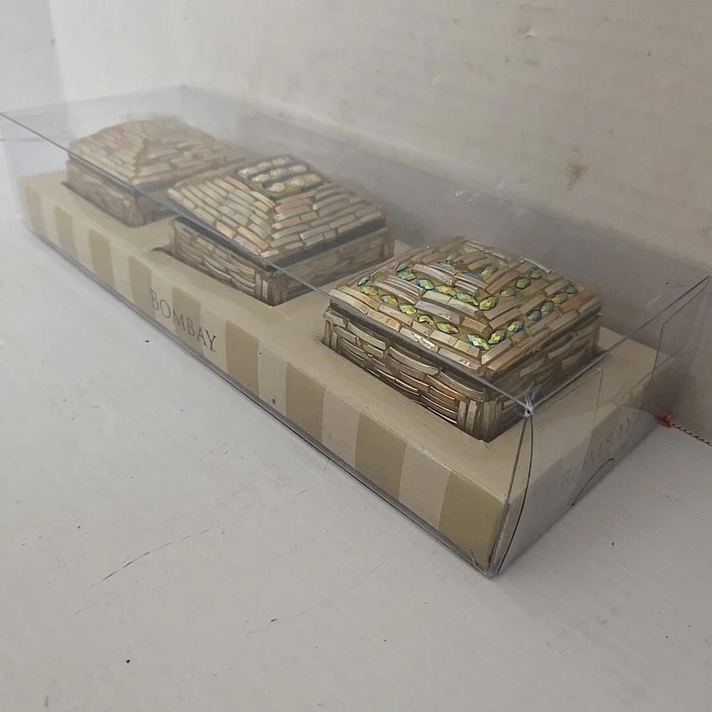 Bombay Mosaic Jeweled Rhinestone‎ Trinket Box Jewelry Keepsake ~set Of 3